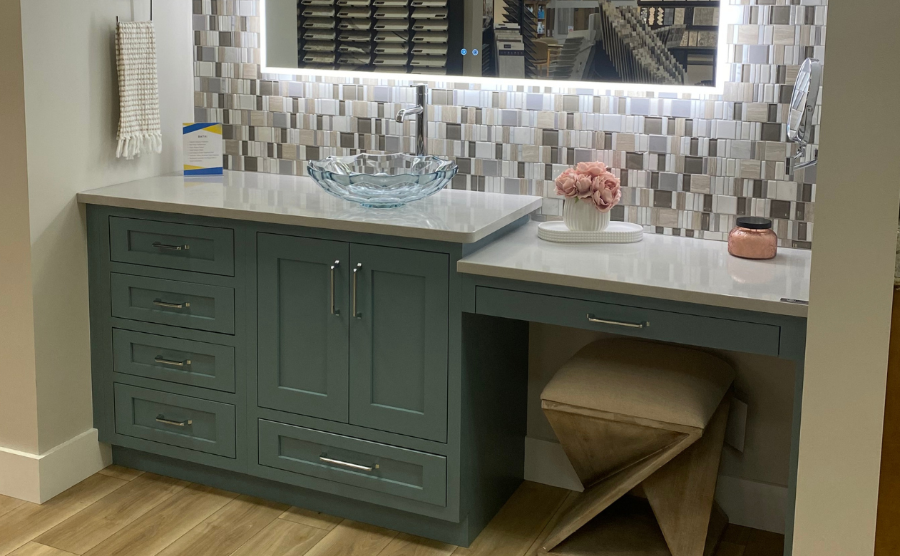 green bathroom vanity display at Kiba Studios