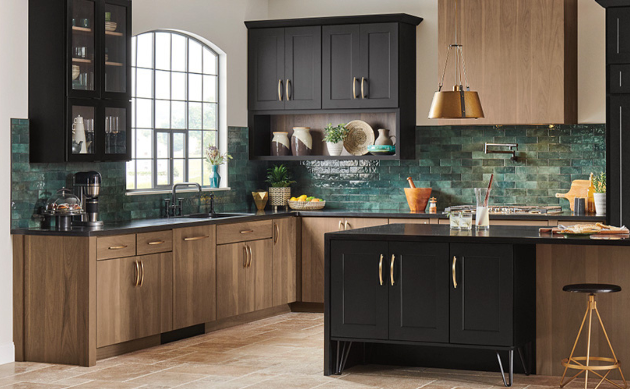 kitchen with gold cabinet hardware and under cabinet lighting