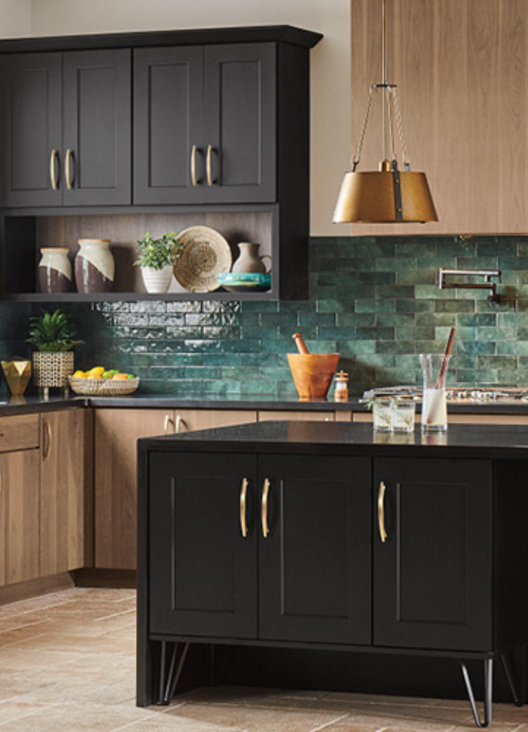 kitchen with gold cabinet hardware and under cabinet lighting