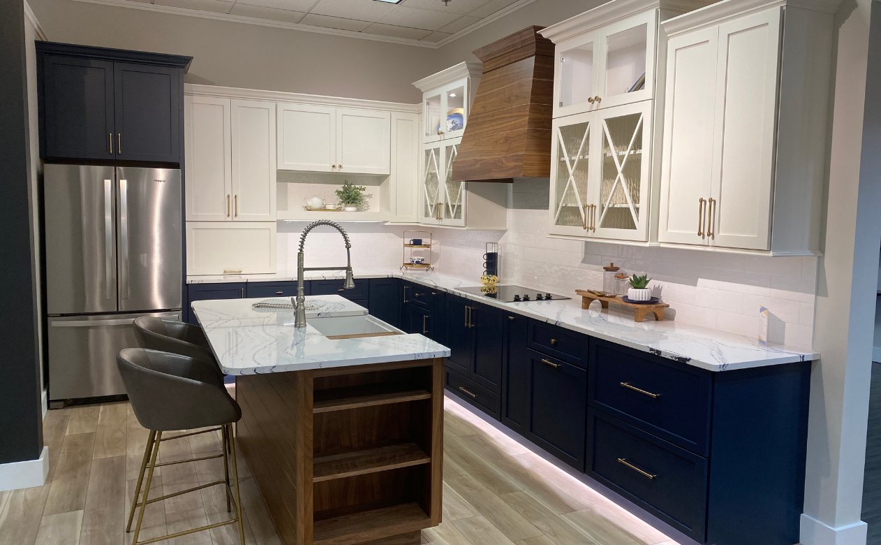 Kitchen display with blue and white cabinetry