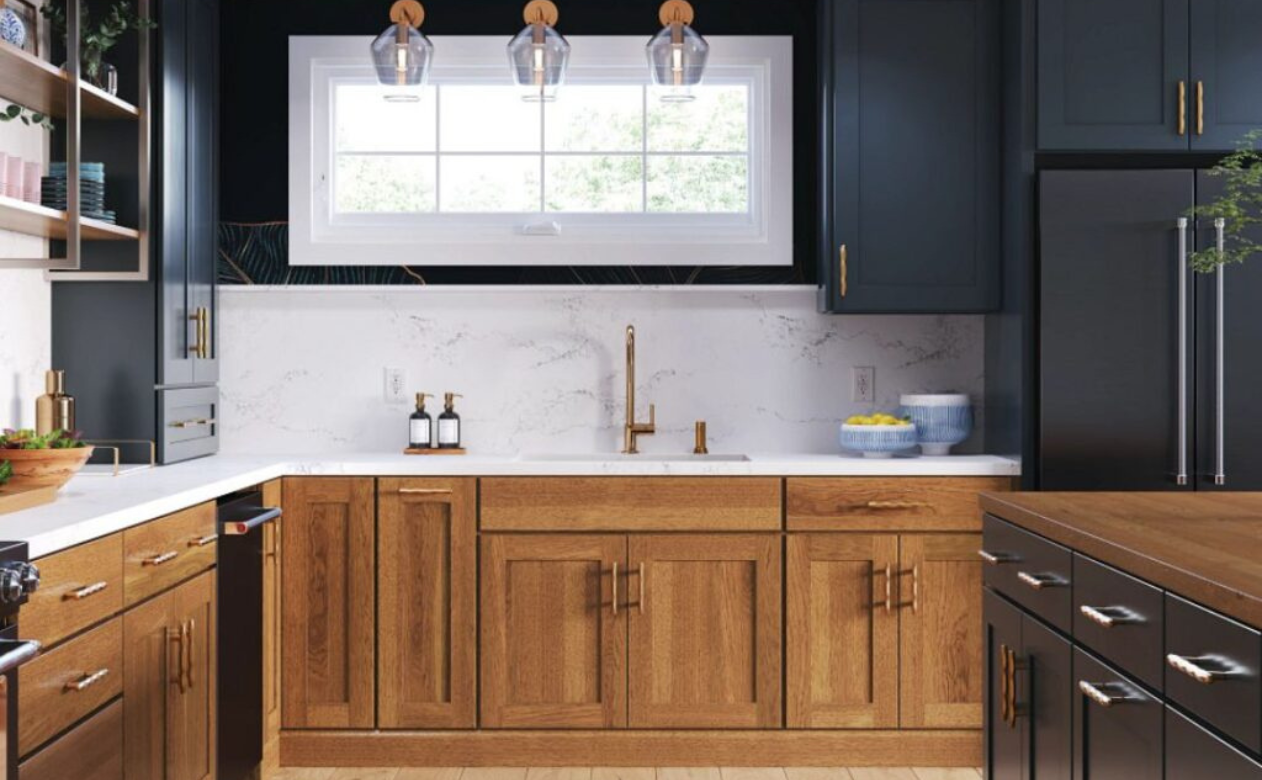 brown and blue cabinets in a kitchen display