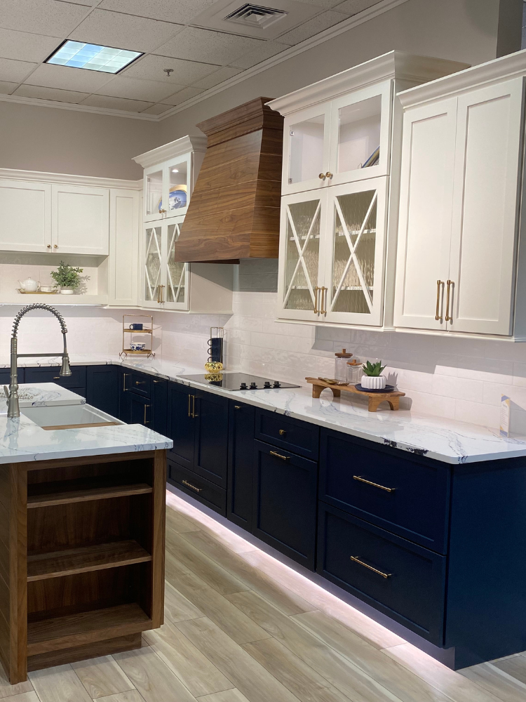 Kitchen display with blue and white cabinetry