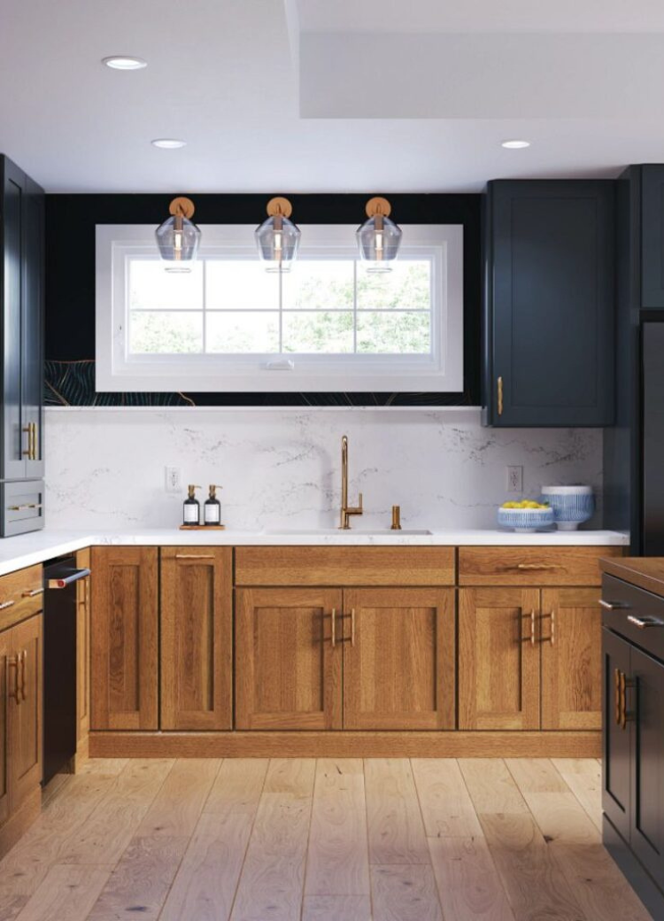 brown and blue cabinets in a kitchen display