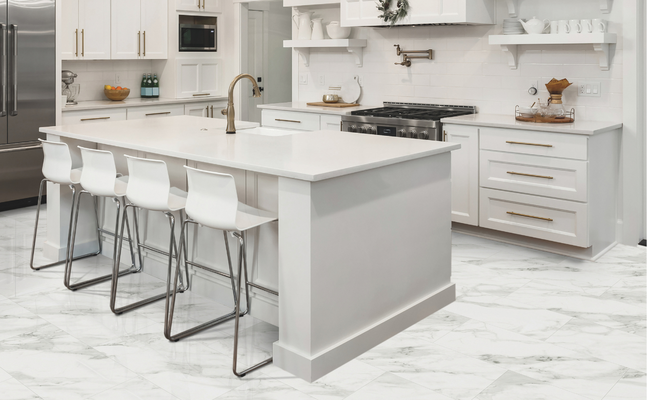 custom white countertops in a kitchen with white and natural cabinetry