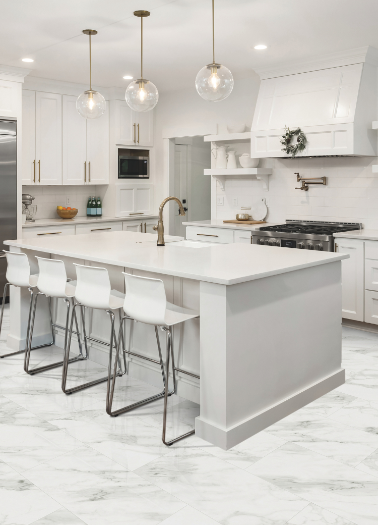 custom white countertops in a kitchen with white and natural cabinetry