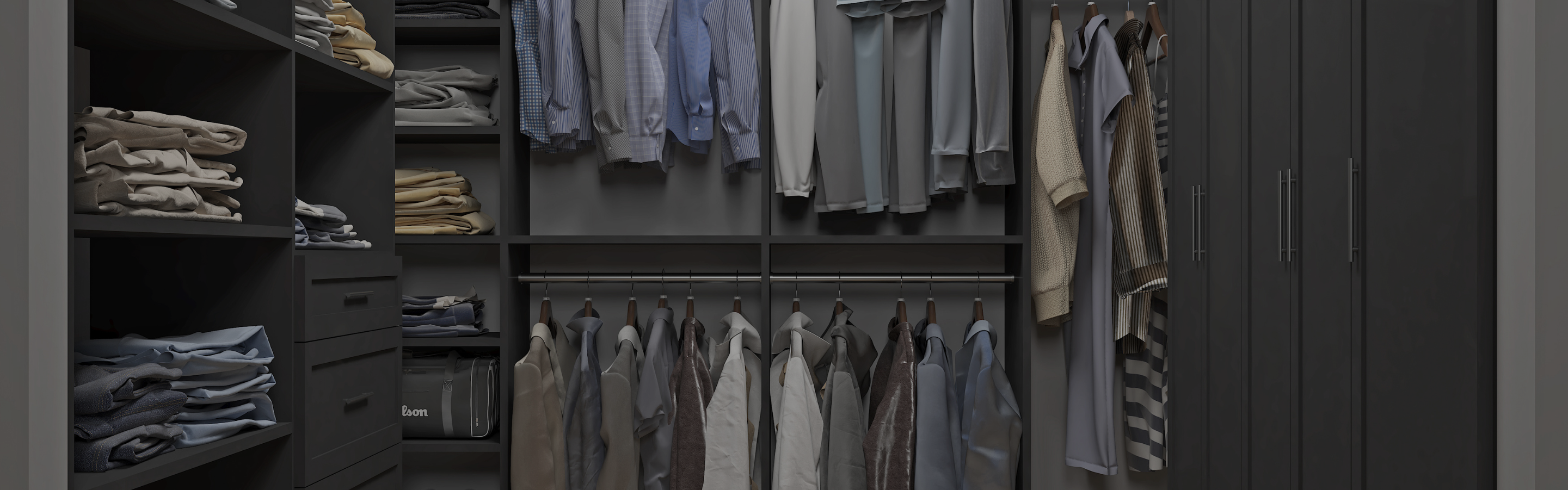 Walk-in closet with black wooden cabinets and shelving
