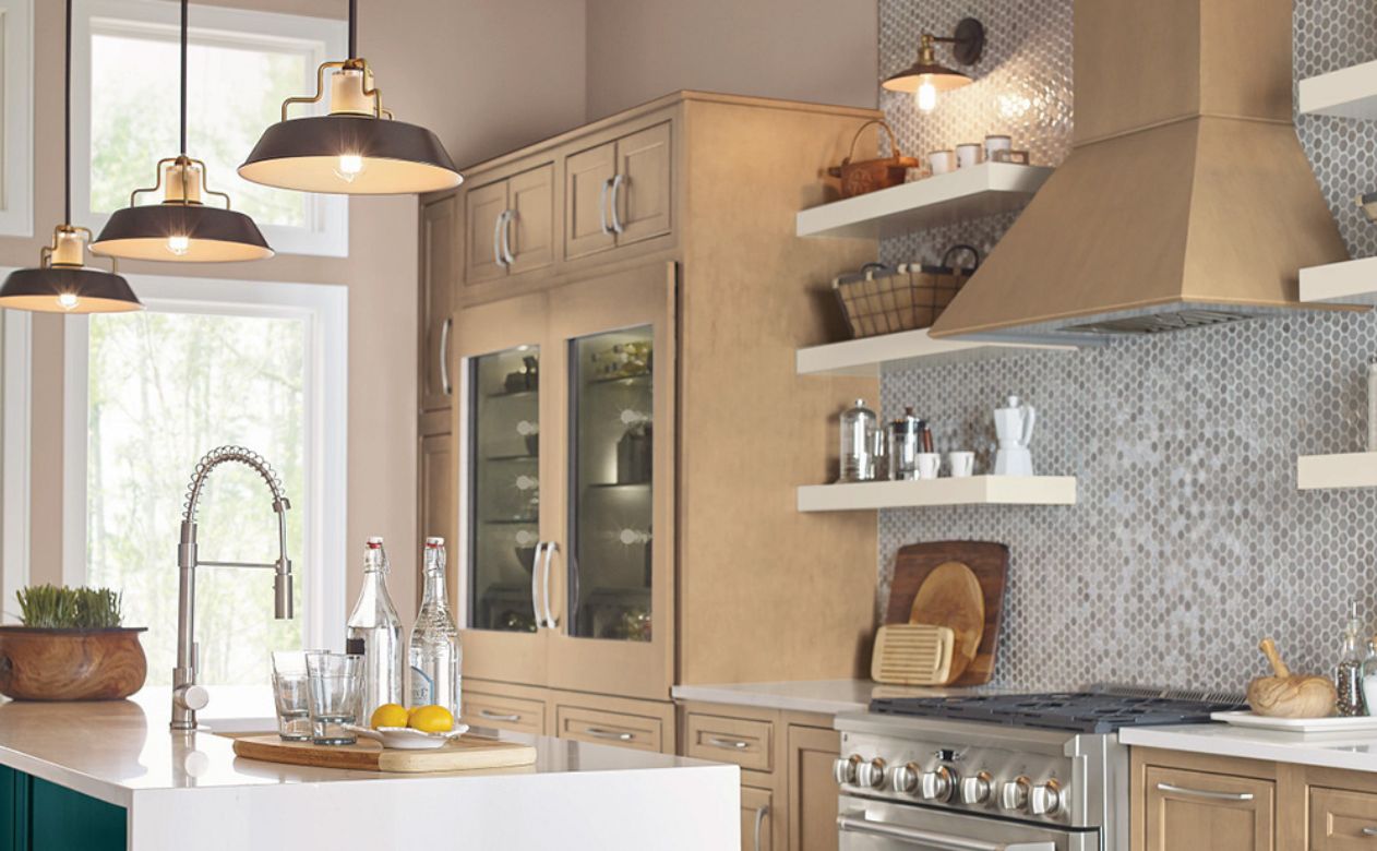 cabinet and kitchen lighting over island and floating shelves from Houston Kiba Studios