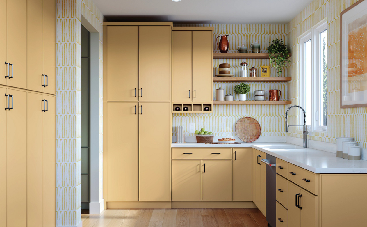 Functional kitchen design featuring a stocked pull-out pantry and stainless steel appliances.