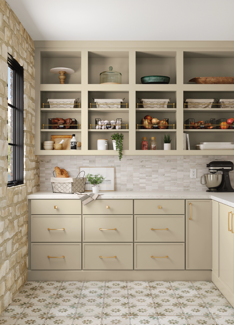 Brightly lit custom pantry with built-in cabinetry, display shelving, and organized storage for food