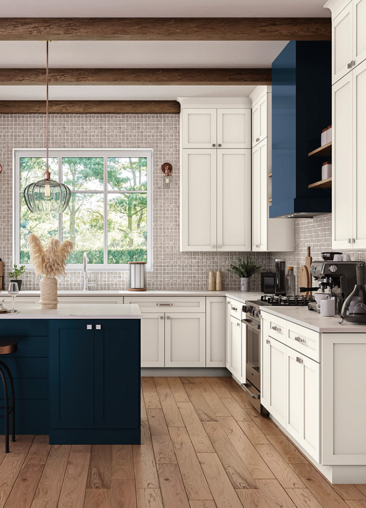 Red mosaic tile backsplash on kitchen walls