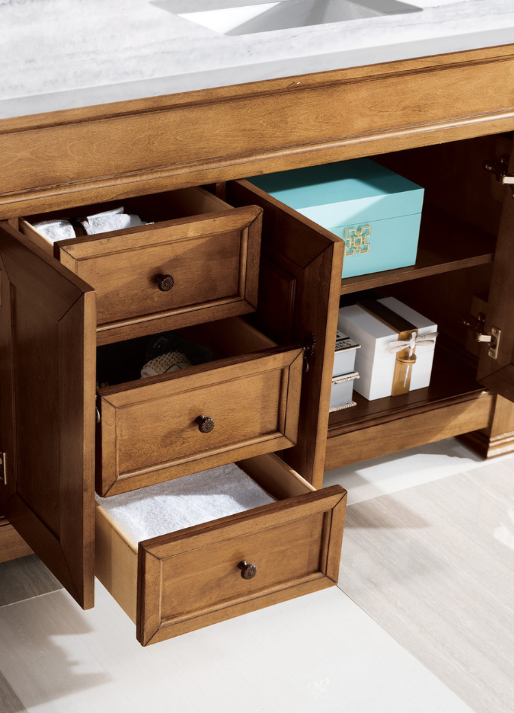 Bathroom vanity pullout drawers and shelf organization