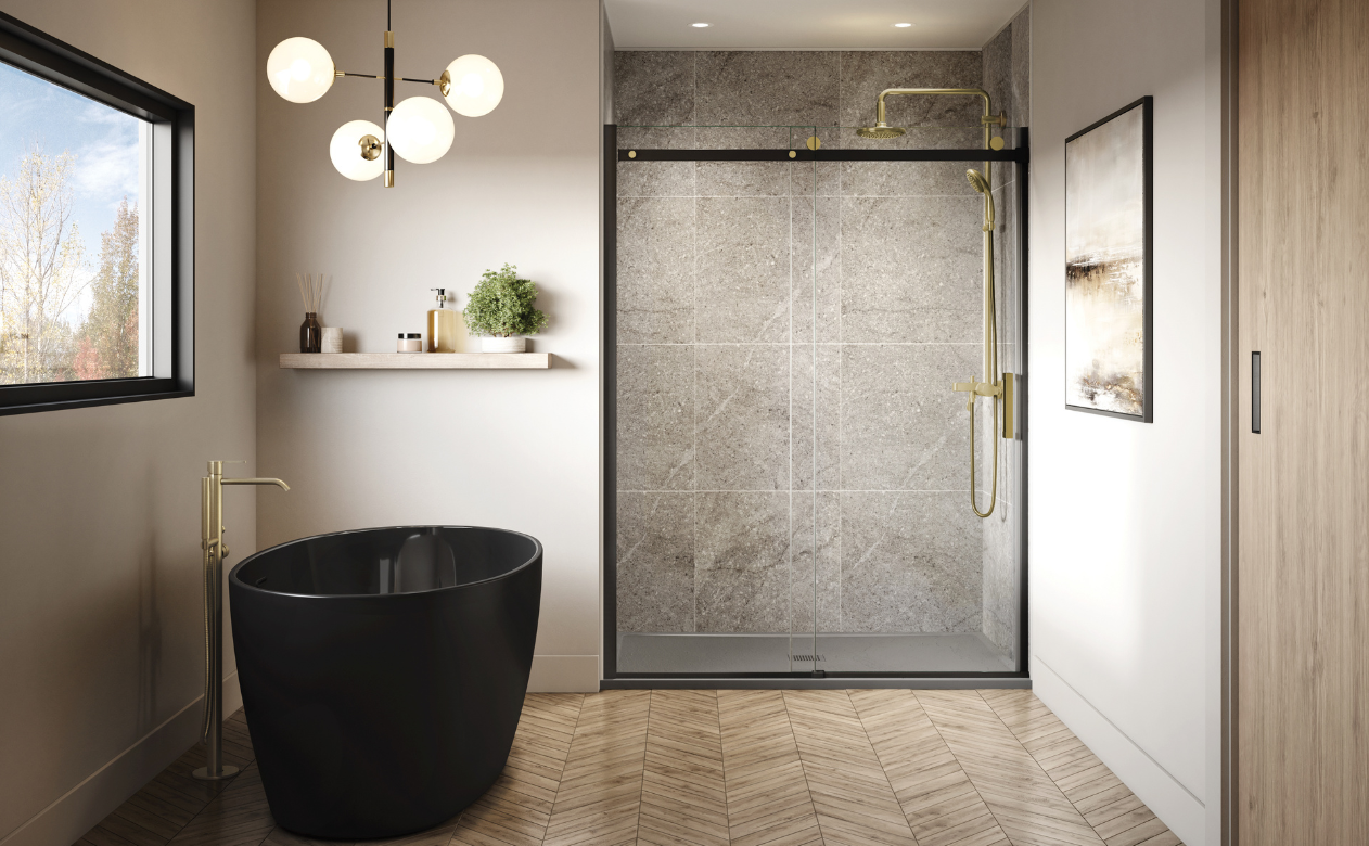 Black free standing tub with a walk-in shower and gold fixtures