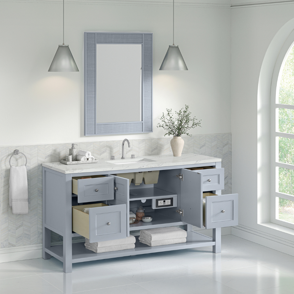 light blue James Martin bathroom vanity with storage