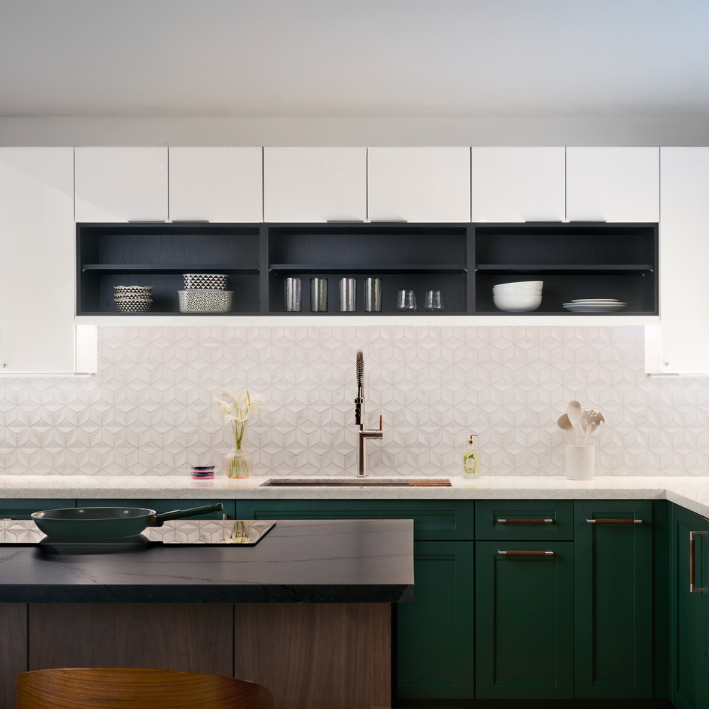 Dimmable under cabinet LED lights in a modern bathroom with minimal cabinet pulls