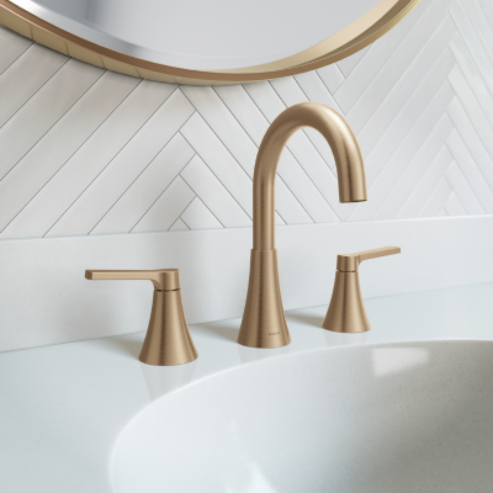 golden bronze bathroom sink faucet with matching bathroom mirror.